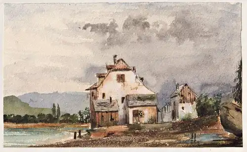 Bauernhof am Fluss Farm yard by the river Zeichnung drawing dessin