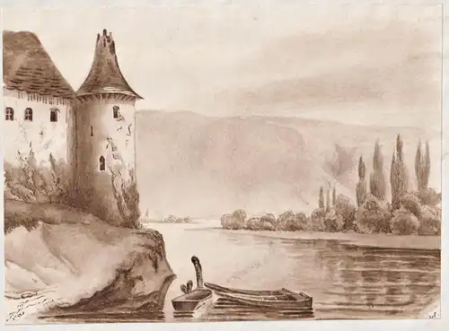 Burg an einem Fluss castle chateau Zeichnung drawing dessin