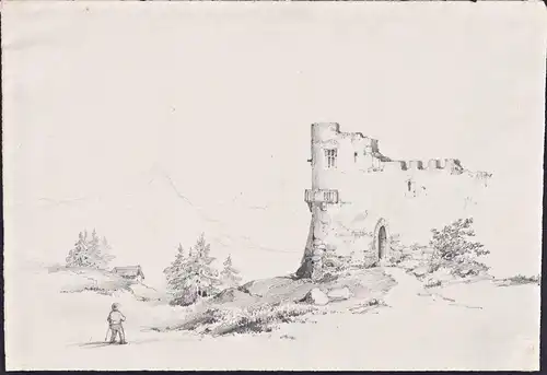 Landschaft mit Burgruine Landscape with castle ruins chateau Zeichnung drawing dessin