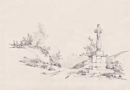 Landschaft mit Steinkreuz Landscape with stone cross Zeichnung drawing dessin