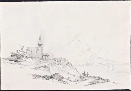 Seelandschaft mit Kirche, Stadtansicht und Bergen Seascape with church, city view and mountains Zeichnung draw