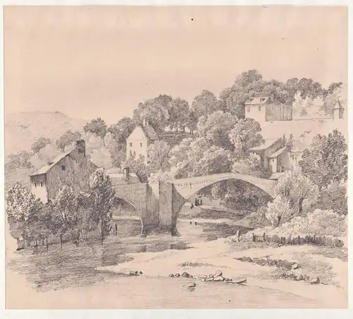 Ortsansicht mit Brücke und Fluss Town view with bridge and river Zeichnung drawing dessin