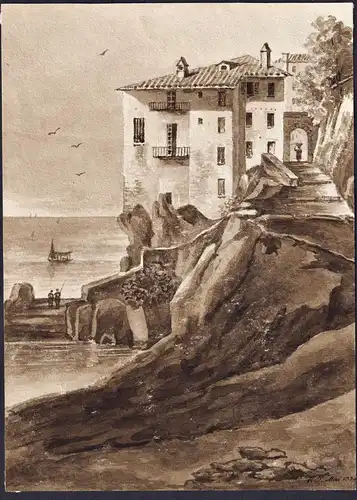 Küste mit Ortsansicht coastal landscape with city view Meer sea France Italien Frankreich Italia Italy Zeichn