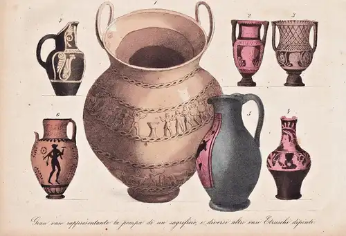 Gran vaso rappresentatne la pompa di un sagrificio, e diversi altri vasi Etruschi dipinti - Etruscan vases Vas
