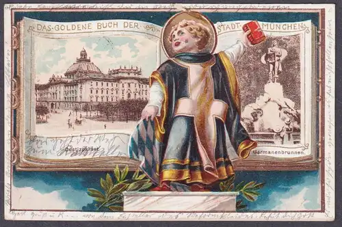 Das Goldene Buch der Stadt München - Justizpalast Germanenbrunnen Prägekarte AK Ansichtskarte postcard
