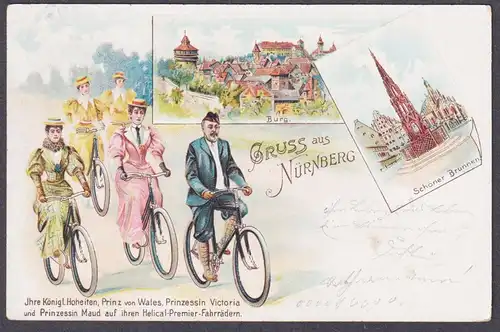Gruss aus Nürnberg - Burg Brunnen Prinz von Wales Fahrrad Prinzessin Victoria AK Ansichtskarte postcard