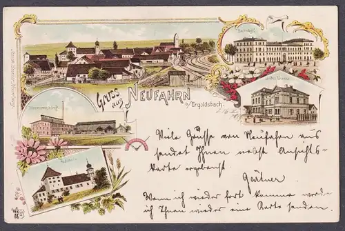 Gruss aus Neufarn b. Ergoldsbach - Niederbayern Schloss Schulhaus Bahnhof AK Ansichtskarte postcard