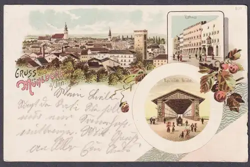 Gruss aus Mühldorf a. Inn - Rathaus Maximilian Brücke AK Ansichtskarte postcard
