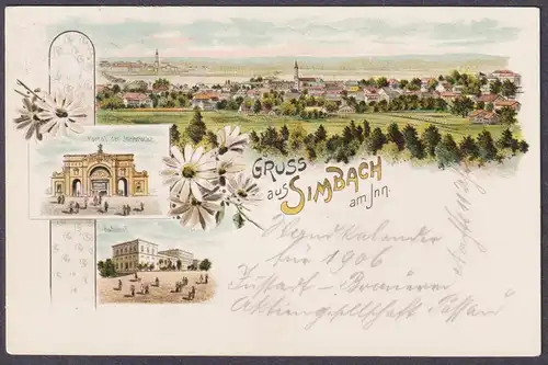 Gruss aus Simbach am Inn - Portal mit Innbrücke - Bahnhof - AK Ansichtskarte postcard