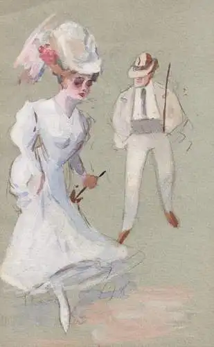 (Frau in weißem Kleid und mit Regenschirm / Woman in a white dress, with umbrella) - Mode Fashion Bürgertum