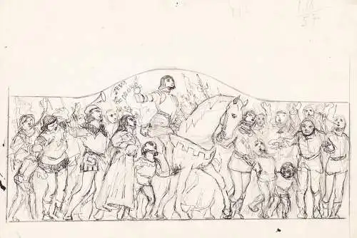 (Jeanne d'Arc / Johanna von Orleans) - Vorskizze für ein Wandgemälde Entwurf / Sketch for wall painting
