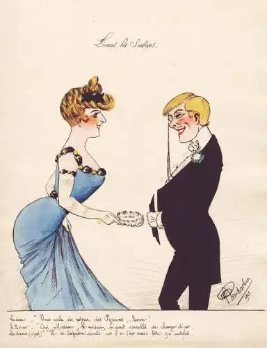 Dans les Salons - Bürgerliches Paar Bourgeois couple / Aristokratie Salon aristocracy / Karikatur caricature