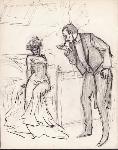 (Frau in Nachthemd möchte Mann verführen / Woman in night gown tries to seduce man) - caricature Karikatur