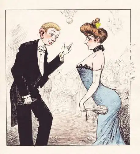 (Bürgerliches Paar bei Fest / Bourgeois couple at a party) - Gesellschaft Salon Mode Fashion / Karikatur cari