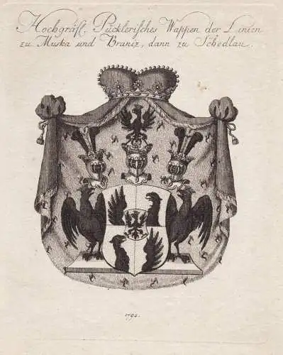 Hochgräfl. Pücklerisches Wappen der Linien zu Muska und Braniz, dann zu Schedlau - Pückler Pueckler Wappen