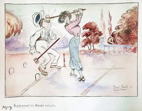 Fuyez prudement les sports violents - Croquet game players / caricature Karikatur