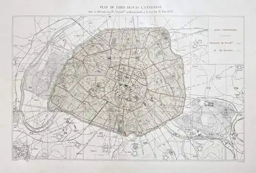Plan de Paris depuis l'annexion avec sa division en 20  - Paris Stadtplan City Plan