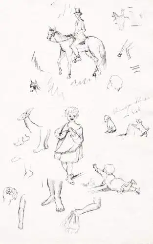 Skizzen blatt / Various sketches / Kinder children Hunde dogs Füße feet Mann auf Pferd man on horse