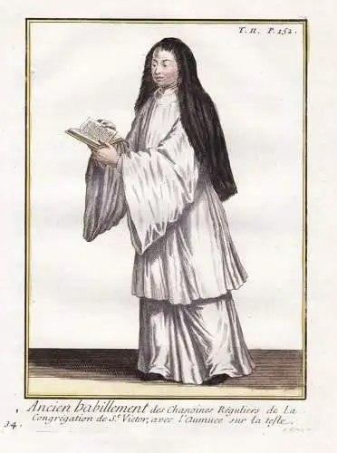 Ancien habillement des Chanoines Reguliers de la Congregation de St. Victor, avec l'aumuce sur la teste -  Aug