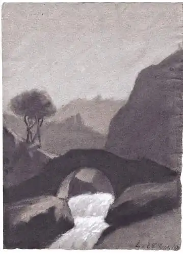 (Flusslandschaft mit Brücke / river landscape with bridge) - Zeichnung dessin drawing
