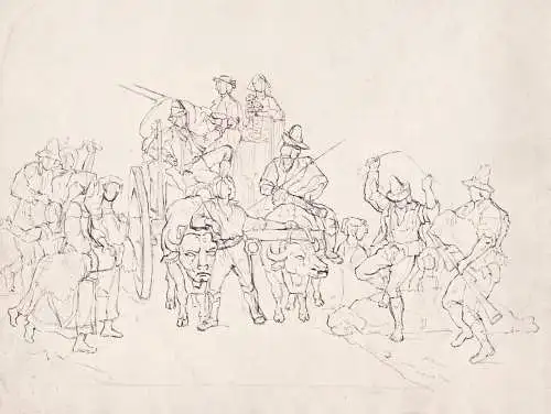 (Bauern mit Ochsenkarren und Dudelsack-Spieler / Farmers with ox carts and bagpipe players) - Zeichnung dessin