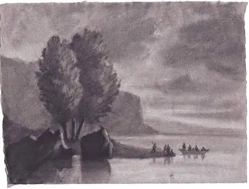 (Küstenlandschaft mit Boot und Bäumen / coastal landscape with boat and trees) - Zeichnung dessin drawing