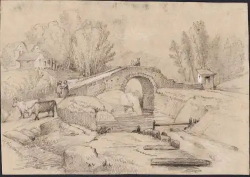 (Flusslandschaft mit Brücke und Bauernhäuser / River landscape with bridge and farm yard) - Zeichnung dessin