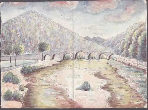 (Flusslandschaft mit Steinbrücke / River landscape with stone bridge) - Zeichnung dessin drawing