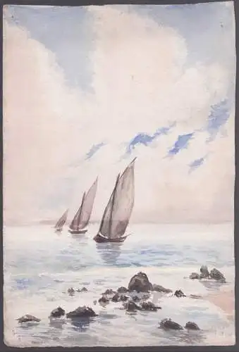 (Marine / Küstenlandschaft mit Segelbooten / Coastal landscape with ships) - Zeichnung dessin drawing