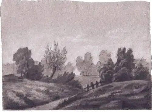 (Landschaft mit Bäumen und Zaun / landscape with trees and fence) - Zeichnung dessin drawing