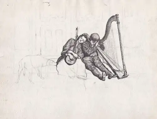 (Schlafende Straßenmusikanten / Sleeping street musicians) - Harfe Geige harp violin / Zeichnung dessin drawi
