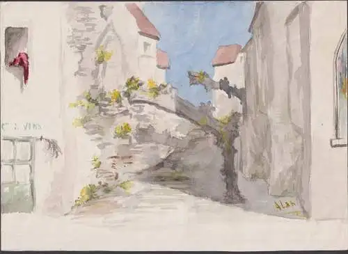 (Dorfszene Village scene / Wein vin wine Weinhandlung) - Zeichnung dessin drawing