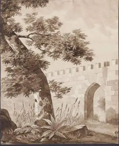 (Oriental landscape with city wall / Orientalische Landschaft mit Mauer) - Zeichnung dessin drawing