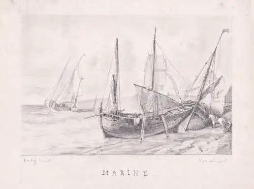Marine - Küstenlandschaft mit Booten / Coastal landscape with ships / Zeichnung dessin drawing