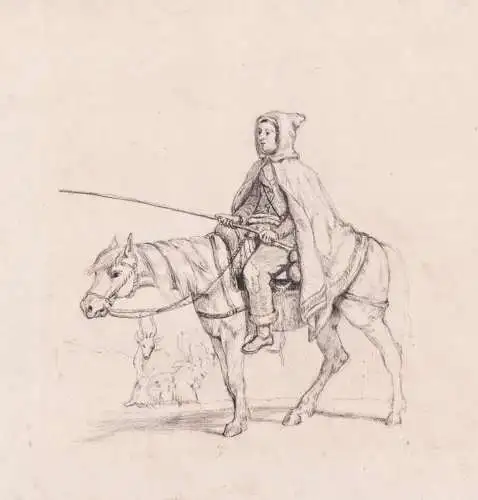 (Ziegenhirte auf Pferd / Shepherd on a horse) - Hirte shepherd / Ziegen goats / horse Pferd / Zeichnung dessin