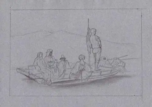 (Fähre mit Passagieren / Ferry with passengers) - Fährmann / Italy Italien Italia / Zeichnung dessin drawing