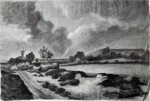 (Flusslandschaft mit Windmühle - River landscape with windmill) - Zeichnung dessin drawing