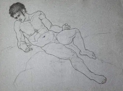 (liegender männlicher Akt) - nude man / Zeichnung dessin drawing