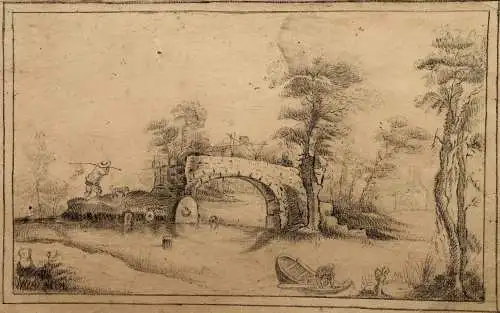 (Flusslandschaft mit Brücke und Bauern - River landscape with bridge and farmers) - Zeichnung dessin drawing