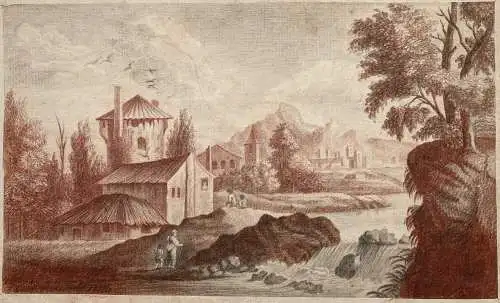 (Landschaft mit Häusern und Figurenstaffage - Landscape with houses) - Zeichnung dessin drawing