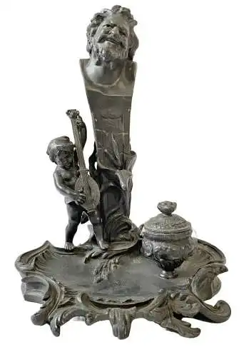 (Faun or satyr and a cherub playing a mandoline) - Inkwell Tintenfass / Mythologie mythology