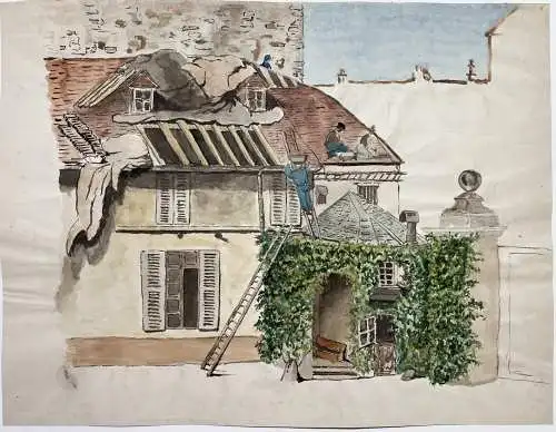 (Dachdecker - Roofer / Baustelle - Construction site / Haus - house / Zimmerer - carpenter) - Zeichnung dessin