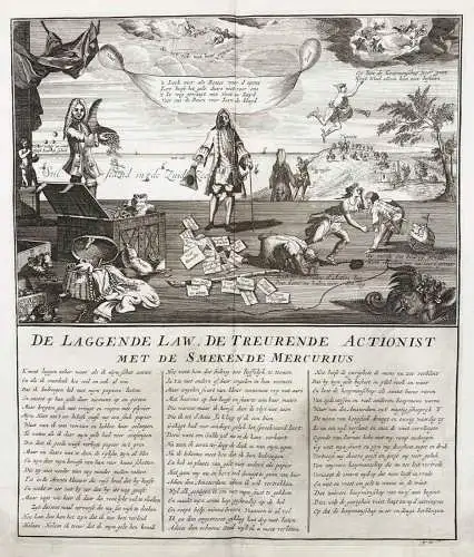De laggende Law, de treurende Actionist met de smekende Mercurius. - John Law Mercury / South Sea Bubble / Akt