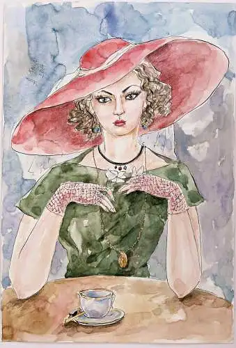 (Dame mit Hut und Handschuhe / Lady with hat and gloves) - Frau / woman / femme / dessin