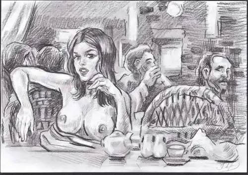 (Woman in a Bar / Frau im Restaurant) - Akt / Aktzeichnung / Frau / woman / femme / nude / dessin