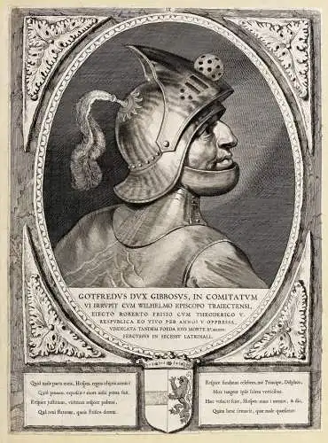 Gotfredus Dux Gibbosus... - Godfrey the Hunchback (?-1076) Duke of Lower Lorraine Godfried Portrait / Wappen c