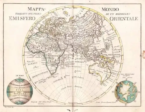 Mappamondo tagliato sul piano di un meridiano Emisfero Orientale - Eastern Hemisphere Europe Africa Asia Austr