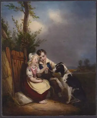 (Kinder füttern Hund / Children feeding a dog)
