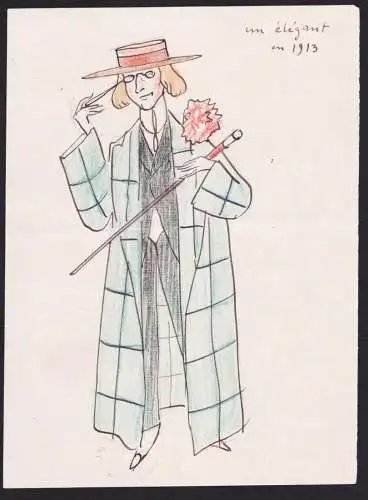 Un elegant en 1913 - French man Fashion Mode / Karikatur caricature Satire cartoon / Autograph