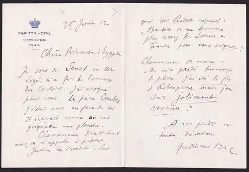 Eigenhändiger Brief mit Unterschrift von 25. Juni. 1912 / Autograph letter with signature / Georges Clemencea